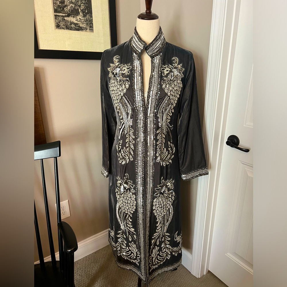 Kimono style Velvet Coat with silver sequins and embroidery